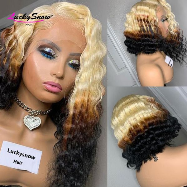 

lace wigs short bob ombre blonde colored 613 front wig for black women 4x4 closure hd transparent deep wave, Black;brown