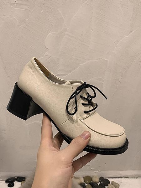 

dress shoes women's leather 2021 spring and autumn lace-up fashion square toe non-slip high heels, Black