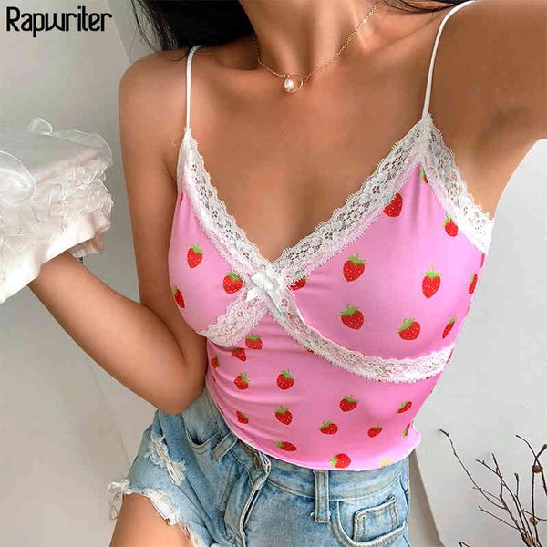 

sweat summer strawberry print strap patchwork lace cami women crop backless v neck camis wrap cute bustier tank 210415, White