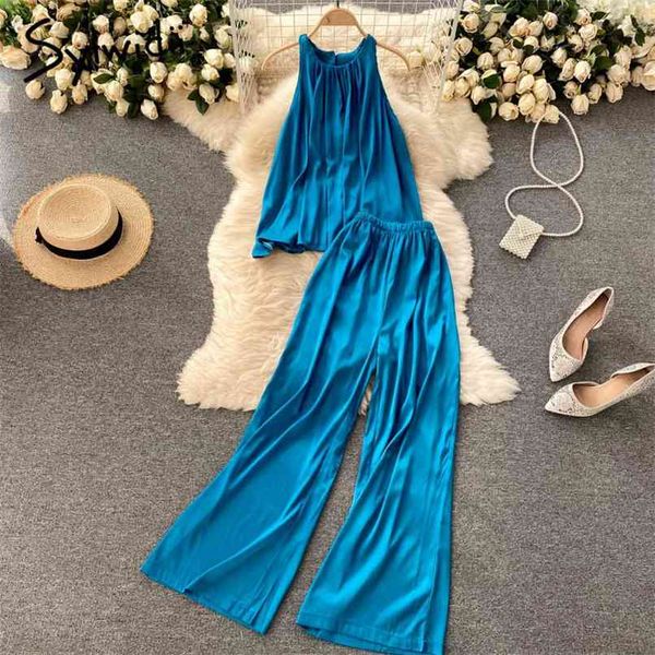 

2 pieces satin office pants and o neck sleeveless set women summer elastic waist wide leg pant green blue 210607, White