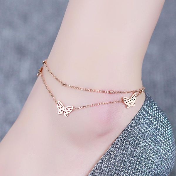 

anklets rose gold color stainless steel hollow butterfly anklet women summer foot jewelry, double chains beach accessories, Red;blue