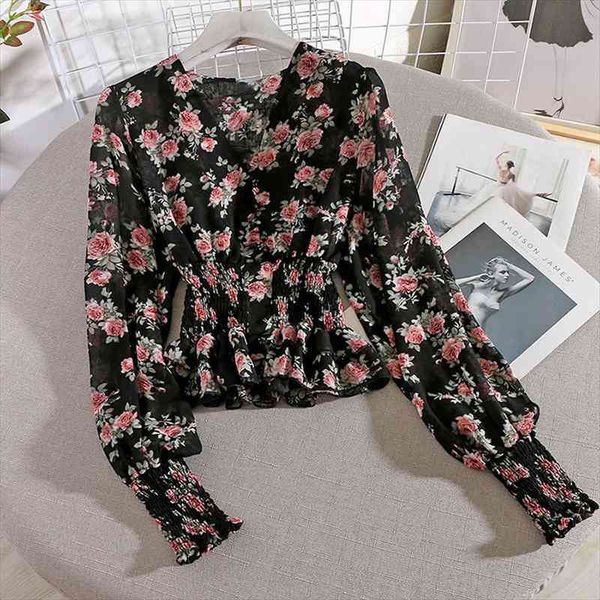 

spring autumn womens korean style printed v-neck long sleeve chiffon retro waist slim ruffle female ll151, White