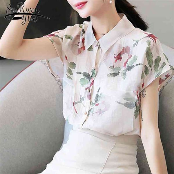 

summer fashion women chiffon blouses casual floral turn-down collar short sleeve clothing chic 210421, White