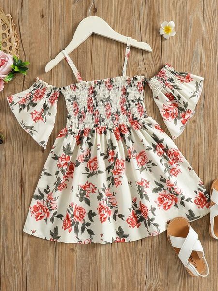 

toddler girls floral print shirred cold shoulder flounce sleeve dress she, Red;yellow