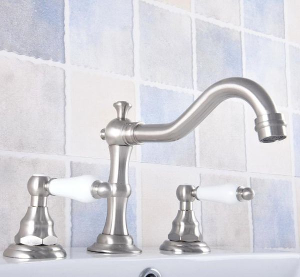 

brushed nickel brass deck mounted bathroom basin faucet widespread vanity sink mixer tap three holes/two handles anf688 faucets