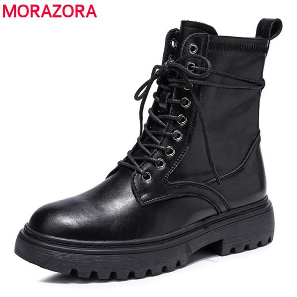 

boots morazora fashion real leather ankle for women lace up round toe platform ladies shoes black