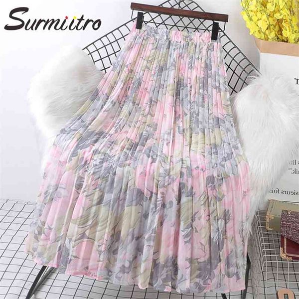 Frühling Sommer Lange Plissee Rock Frauen Elegante Koreanische Stil Blumendruck Ästhetische Hohe Taille Midi Weibliche 210421