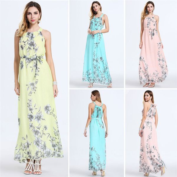 

Womens Designer Bow Panelled Dress Fashion Crew Neck Sleeveless Floral Print Dress Female Summer Contrast Color Dresses, Blue