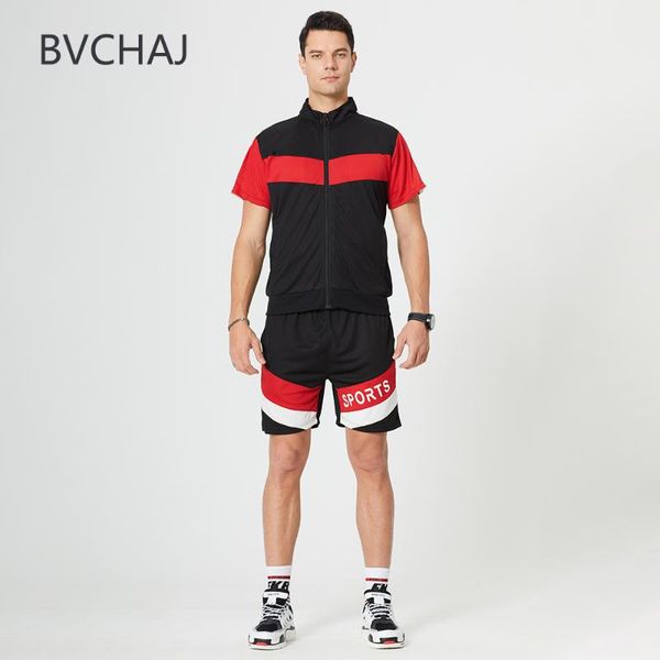 

men's tracksuits summer leisure sports suit jogging short sleeve zipper t-shirt + waist stretch shorts speed dry track tennis, Gray