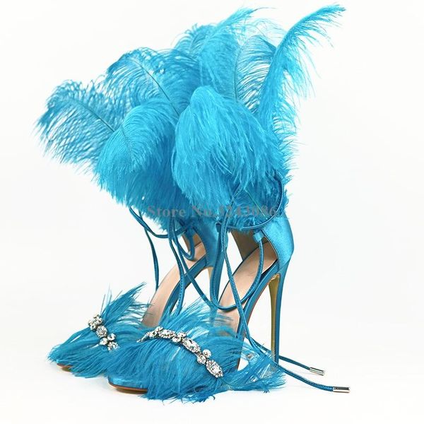 

dress shoes fashion single strap feather walk show sandals bling crystal ankle thin high heel women banquet, Black