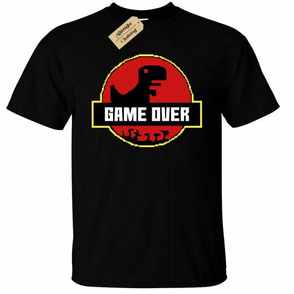 

game over park t-shirt mens dinosaurs funny extinct geek gamer t rex, White;black