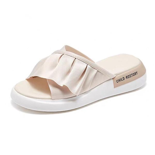 

slippers women's ruffle slides outside summer fashion pleated thick soled pvc leisure flip flops female flat beach sandals, Black