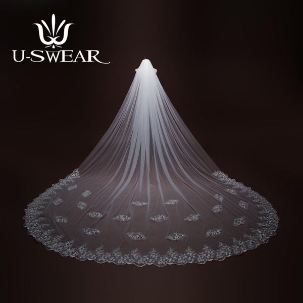 

bridal veils u-swear 2021 high-grade women wedding veil flora lace appliqued edge one layer for dress cathedral, Black