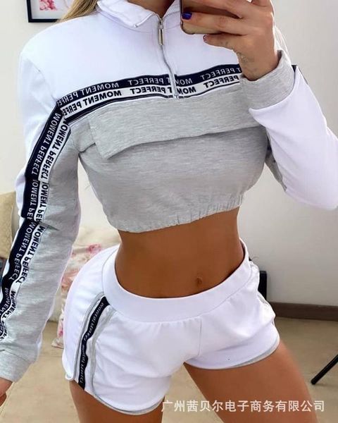 

women's ribbon letter tracksuits color matching sports suit, Gray