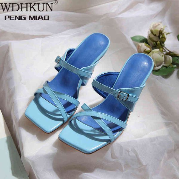 

slippers blue women summer pu leather fashion narrow band outdoor mules high heels sandals shoes 2021 big size 42 vy2q, Black