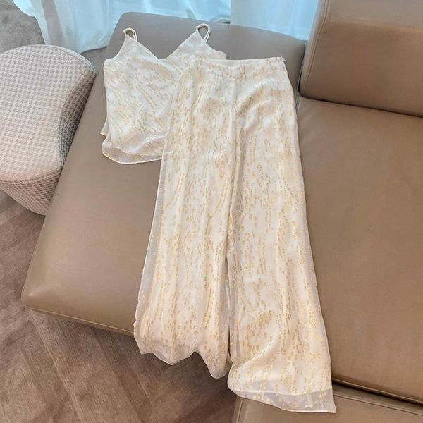 

elegant silk two 2 piece pant set women outfits summer fashion tank+ long matching sets women's pants, White