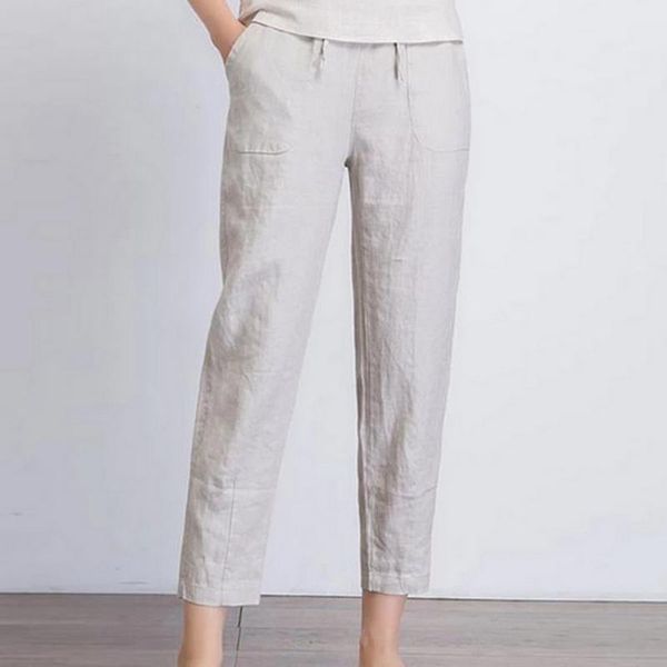 

women's pants & capris cotton linen big pocket thin solid elastic waist pant for women 2021 autumn straight black homewear work trouser, Black;white