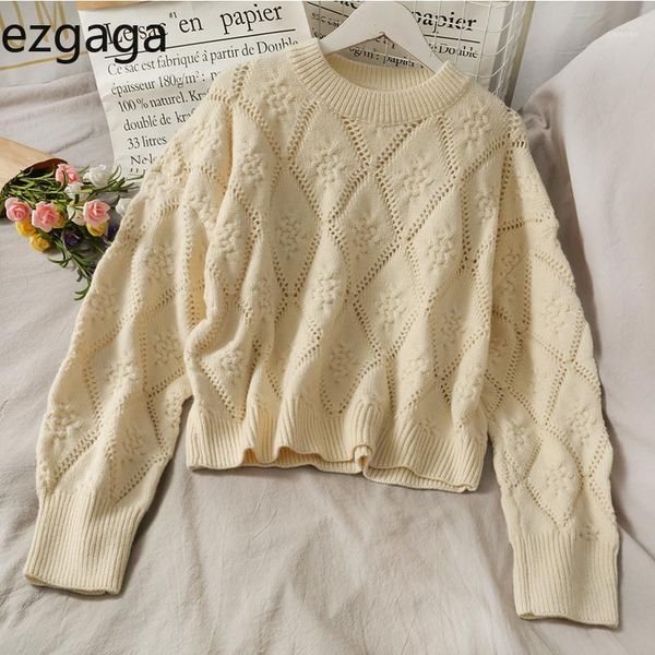 

ezgaa plaid sweater women 2021 o-neck loose solid knit autumn winter all-match hollow out jumper outwear pullover women's sweaters, White;black