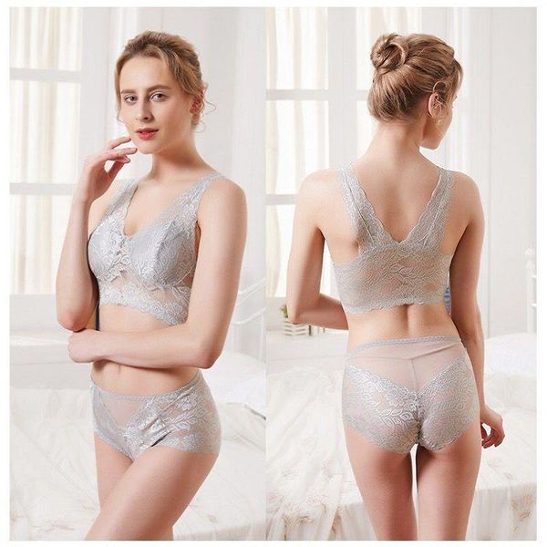 

two piece dress crochet lace bra and panty set women lingerie intimates ladies underwear seamless embroidery & briefs -4xl, White