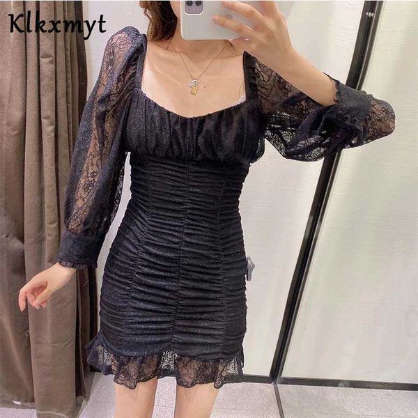 

klkxmyt za dress women autumn chic fashion lace folds vintage long sleeve mini dresses female party vestidos mujer 210527, Black;gray