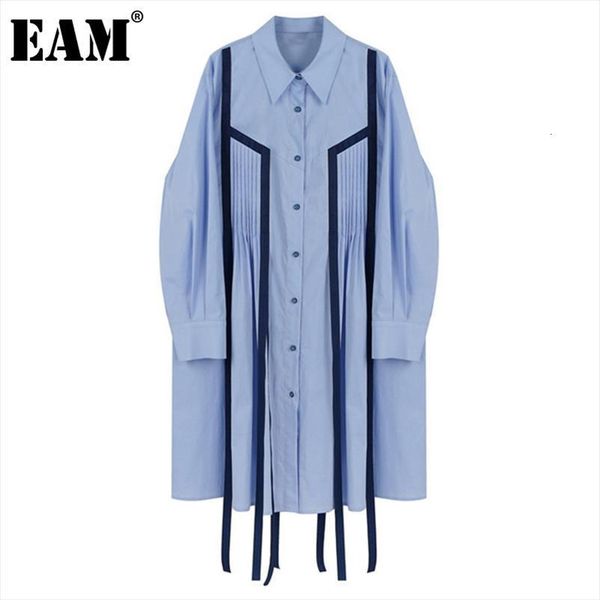 

[eam] blue spliced ribbon pleated womens dress big size lapel long sleeve loose fit fashion tide spring autumn 1dd5653, Black;gray