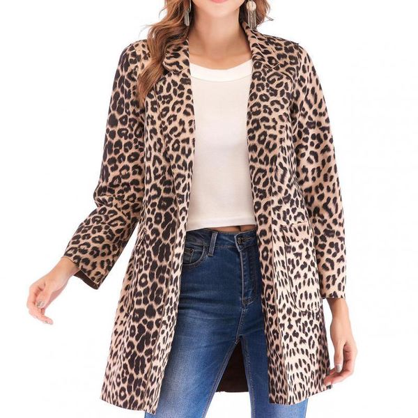 

women's trench coats 2021 fashion slim suede leopard print lapel long sleeve ladies coat cardigan windbreaker women winter warm, Tan;black