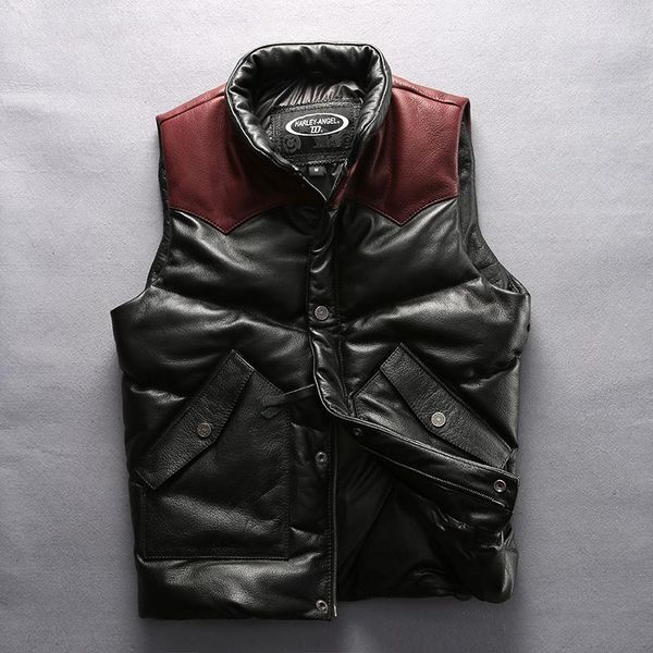 

men's vests 2021 men genuine leather down vest style thick cowhide motorcycle male vintage russia autumn winter sleeveless coats, Black;white