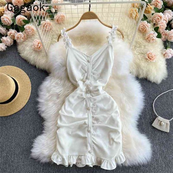 

woman cami dress summer v-neck spaghetti strap ruffles sheath mini bodycon dresses korean fashion chic vestidos 210531, Black;gray