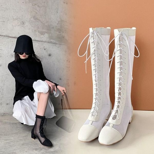 

boots summer sandal suede mesh boot for women square toe hollow bandage med heel long and short lady fashion rome, Black