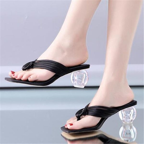

summer crystal ball heel women's slippers square toe solid strange style ladies flip flops pinch high female shoes black 43