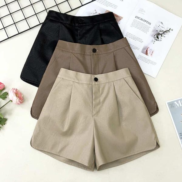 

women's shorts pu leather autumn winter loose faux high-waisted fashion vintage wide leg ladies c7789, White;black