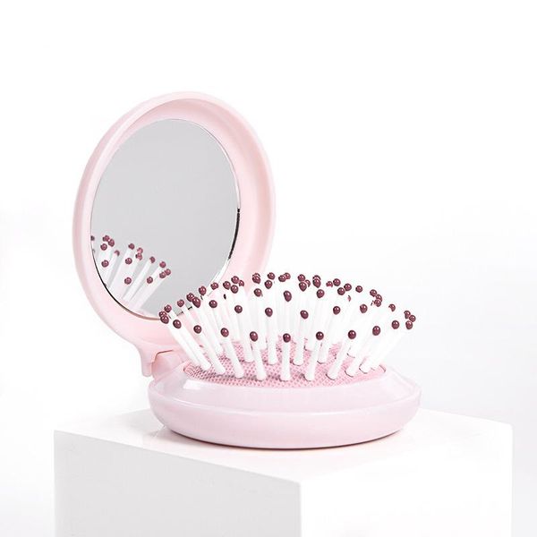 

portable round mirror hair comb folding massage brush pink mini airbag travel hairbrush makeup styling brushes, Silver