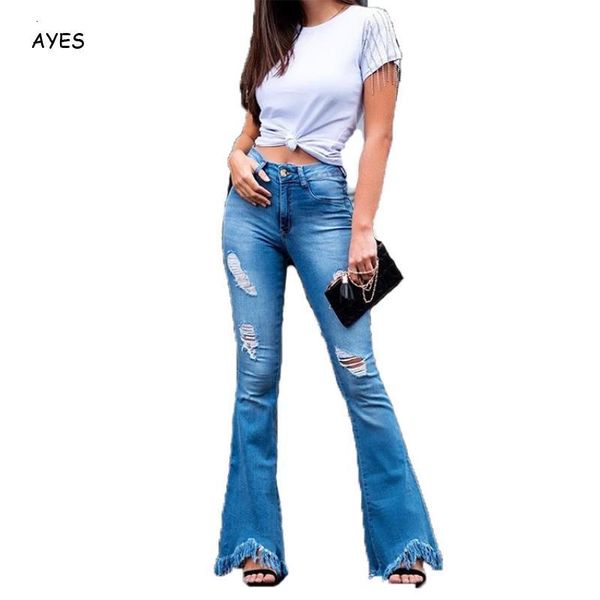 

women's jeans tassels flare casual stretching light blue girls high street hole ripped denim pants plus size n0u1