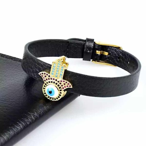 

beaded, strands 2021 luxury rainbow zircon devil's eye fatima bracelet charm leather jewelry gifts for men and women, Black