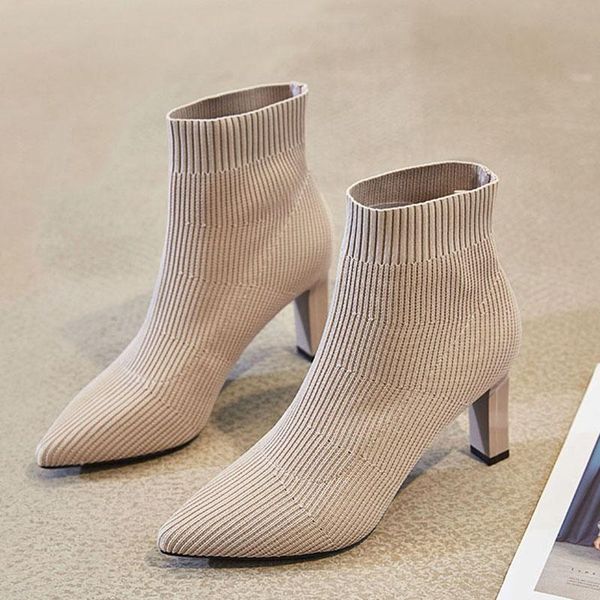

boots 2021 autumn stretch fabric ankle high heels pointed toe slip-on stiletto shoes fashion spring ladies socks booties, Black