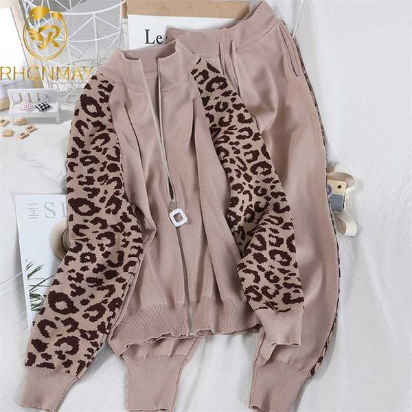 

two piece tracksuit long sleeve coat and trousers fashion leopard patchwork knit casual suit set autumn female korean 211126, White