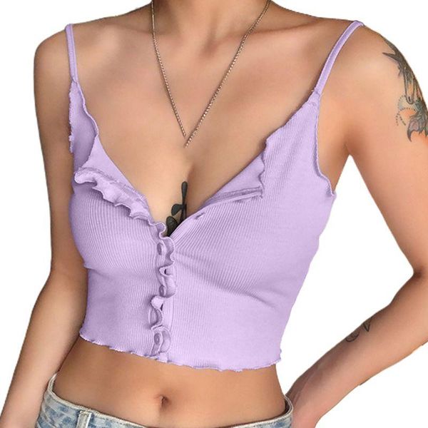 

women's tanks & camis women spaghetti strap crop v-neck single breasted ruffles camisole ribbed knit button candy color sling vest, White