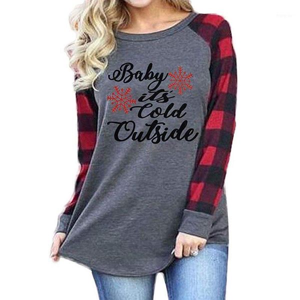 

women's t-shirt autumn fashion baby it's cold outside christmas women t shirts long sleeve plaid patchwork casual tees, White