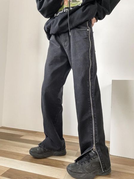 

women's jeans dark abstinence department design niche zipper men's and women's fried street straight tube high waist, Blue