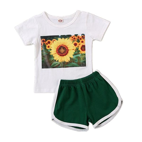 

toddler baby girl sunflower short sleeve t-shirt + shorts 2pcs girls summer clothes outfit (90/100/110/120/130) clothing sets, White