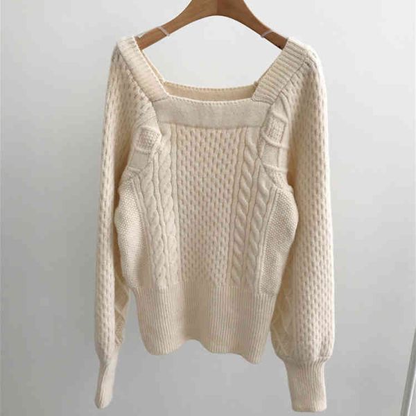 

autumn winter minimalist knitted elegant ladies vintage square collar pullovers women sweaters 210513, White;black