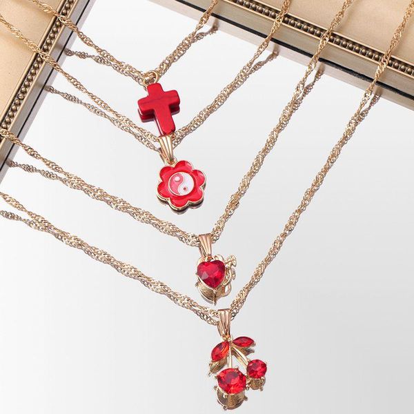 

chains bohemia multilayer red heart pendent necklaces for women fashion cross bagua yin yang flower twisted chain necklace jewelry gift, Silver