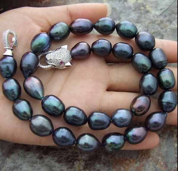 

baroque black pearl necklace 18 inch 10-12mm pearls leopard clasp, Silver
