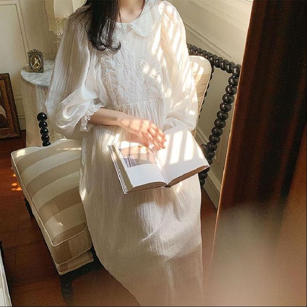 

vintage embroidery white cotton long women sleepwear nightgowns sweet floral elegant spring autumn night dress, Black;red