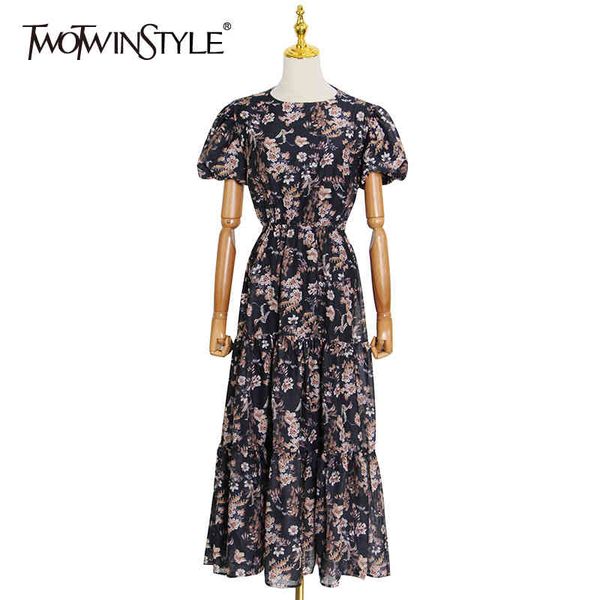 

vintage print summer dress for women o neck puff sleeve high waist hollow out elegant dresses female fashion new 210428, Black;gray