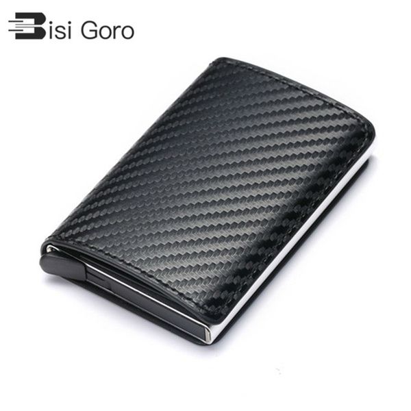 

bisi goro 2021 business id credit card holder men and women metals rfid vintage aluminium box pu leather card wallet note carbon, Red;black