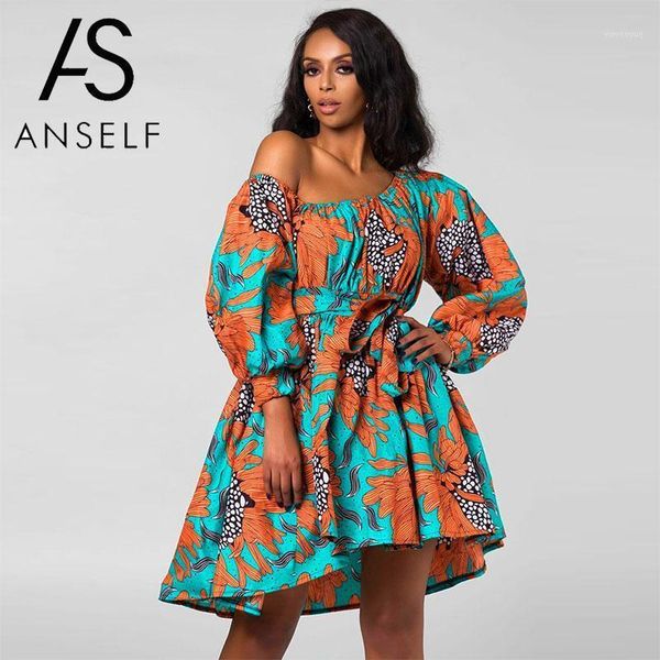 

african dresses for women 2021 summer short dress colorful floral geometric pattern print one shoulder high waist vintage casual, Black;gray