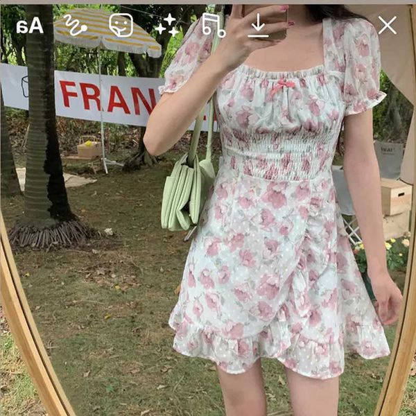 

2021 summer square collar chiffon print fairy drs waist short floral drs, Black