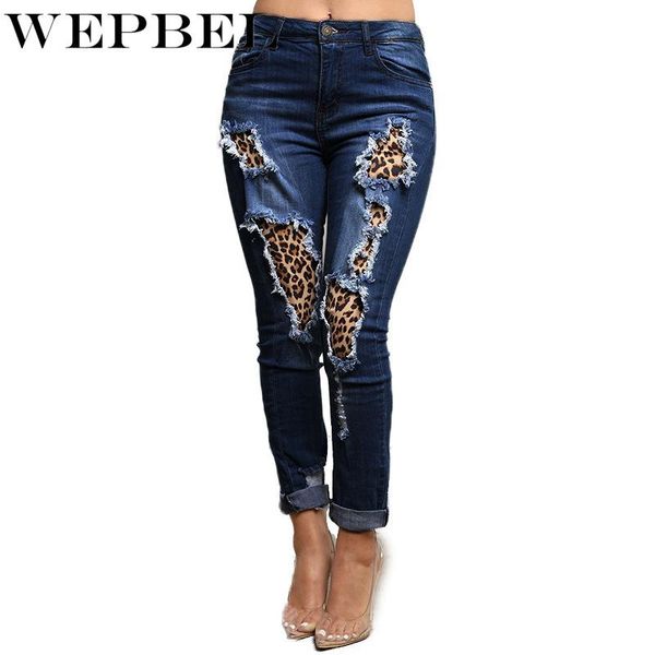 

jeans fashion button mid-waist denim pencil pants women's slim-fit hole ripped spliced leopard, Blue