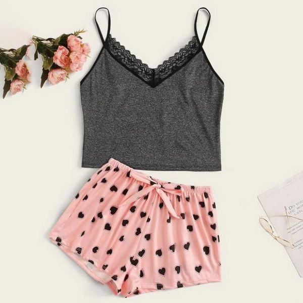 

women's sleepwear spaghetti strap lace pajama sets sleeveless trim pyjamas sleep shorts set pijama suit women nighties, Black;red